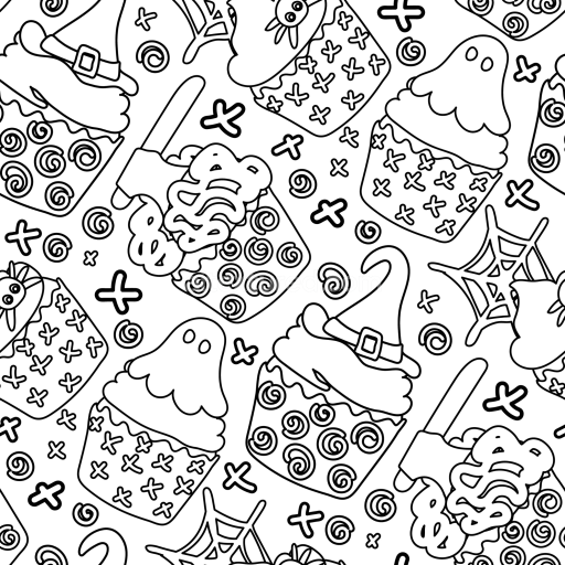 Seamless 3D PBR Texture Featuring Black & White Halloween Cupcake Illustrations