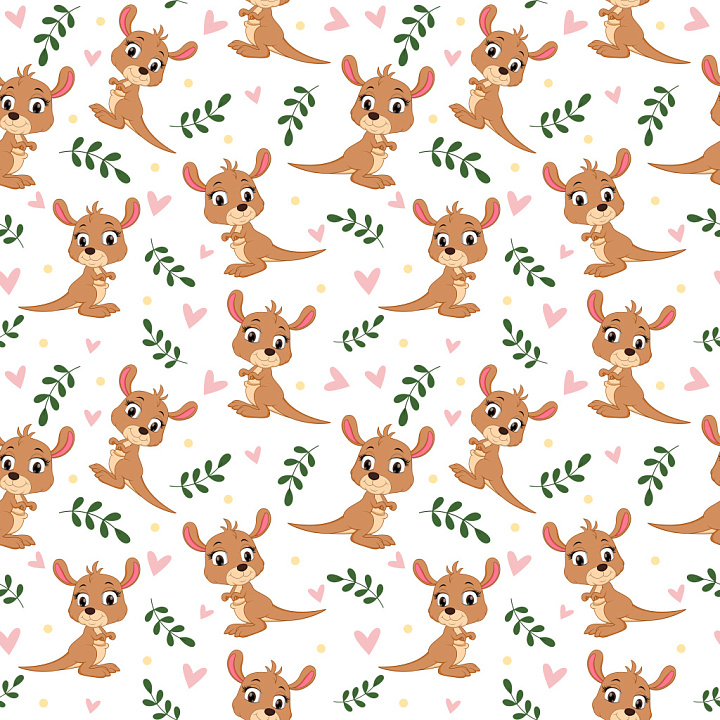 Pattern Featuring Playful Kangaroo Motifs with Leafy and Heart Accents seamless PBR texture preview