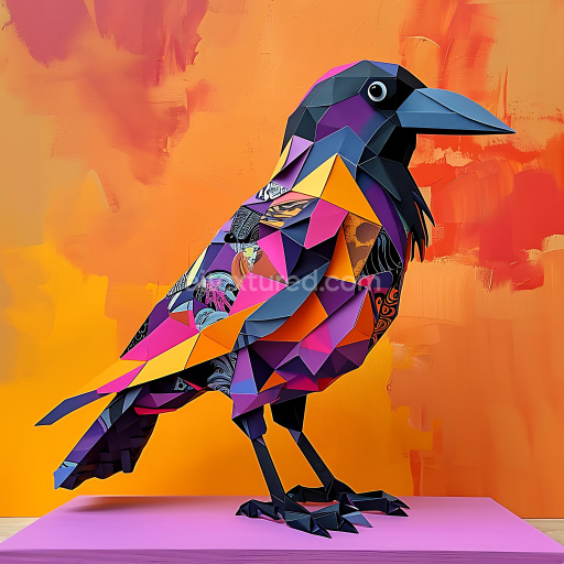Seamless 3D PBR Texture Featuring Colorful Origami-Inspired Crow Geometry