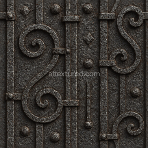 Seamless 8k 3d texture pbr wrought iron fence with decorative iron and oxidized metal surfaces