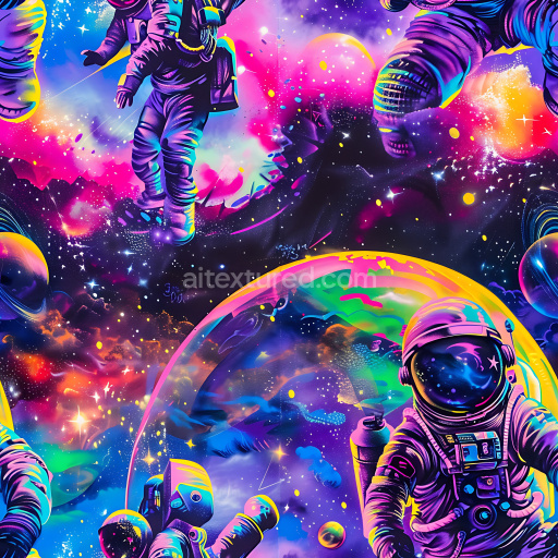 Seamless 3D PBR Texture Featuring Vibrant Astronaut Graffiti with Cosmic Neon Colors