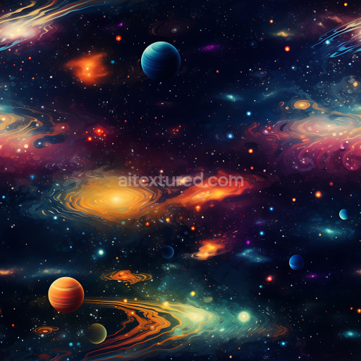 Seamless 3D Space PBR Texture Featuring Vibrant Nebulae, Galaxies & Planets