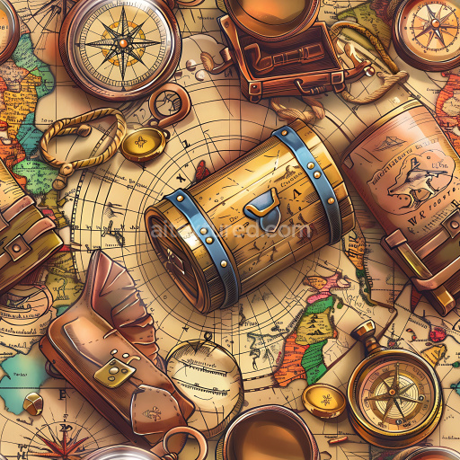 Seamless 3D PBR Graffiti Texture Featuring Vintage Maps and Classic Travel Artifacts