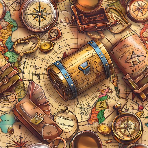 Seamless 3D PBR Graffiti Texture Featuring Vintage Maps and Classic Travel Artifacts texture preview