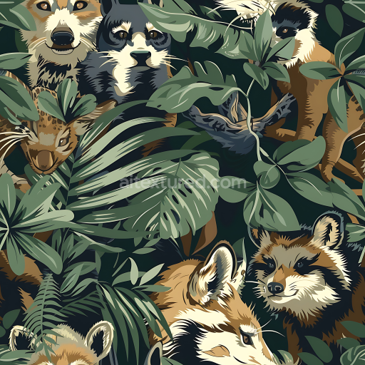 Seamless 3D Jungle Animal Camouflage PBR Texture Featuring Leafy Foliage and Wildlife