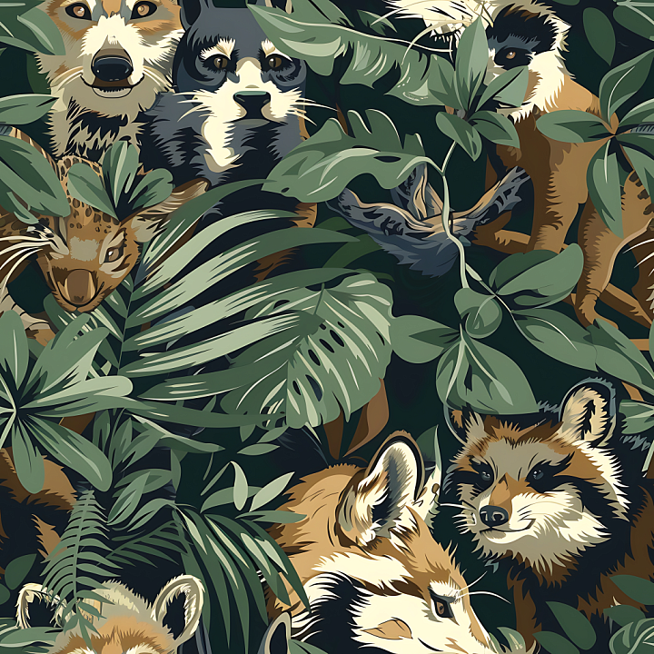 Jungle Animal Camouflage Featuring Leafy Foliage and Wildlife seamless PBR texture preview