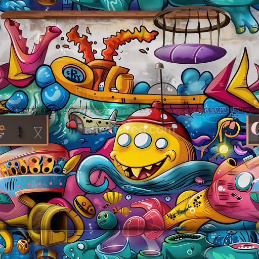 Seamless 3D PBR Graffiti Texture Featuring Vibrant Cartoon Style Wall Art