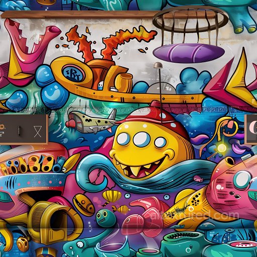 Seamless 3D PBR Graffiti Texture Featuring Vibrant Cartoon Style Wall Art texture preview