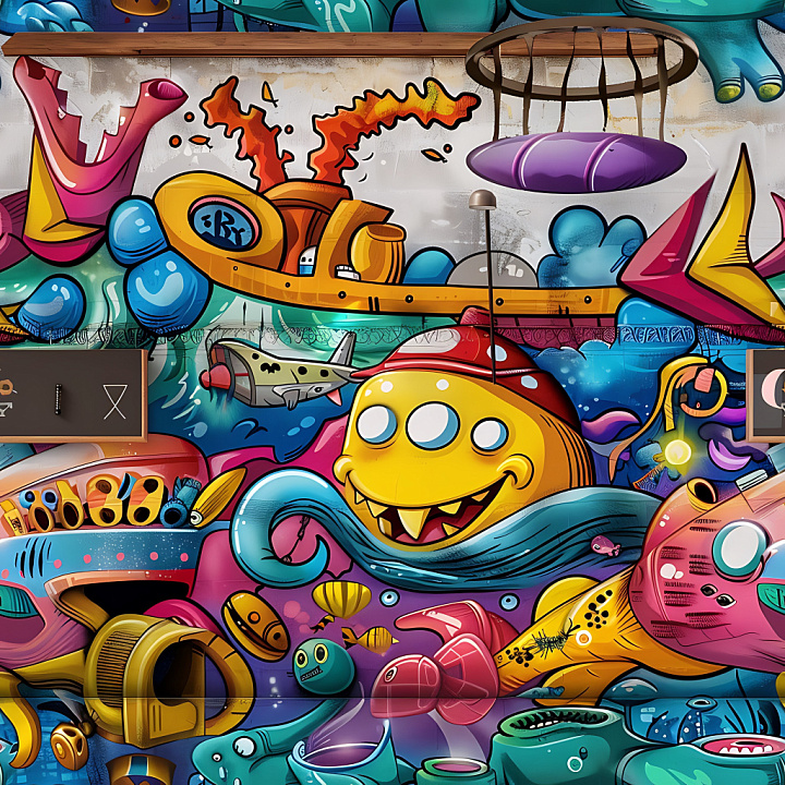Graffiti Featuring Vibrant Cartoon Style Wall Art seamless PBR texture preview