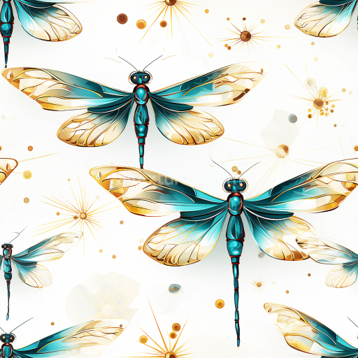 Seamless 3D PBR Texture Featuring Intricate Blue-Gold Dragonfly Illustrations