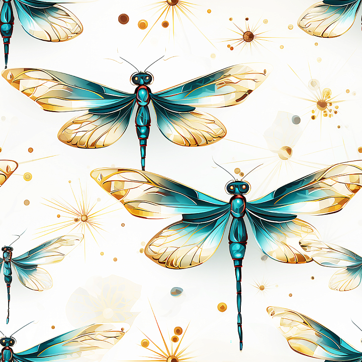 Featuring Intricate Blue-Gold Dragonfly Illustrations seamless PBR texture preview