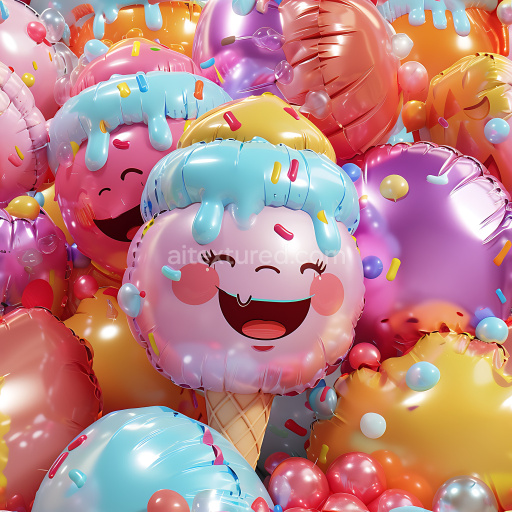Seamless 3D Inflated Foil Balloon PBR Texture Featuring Colorful Cartoon Faces and Sprinkles
