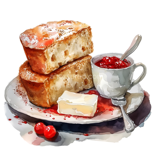 Irish Soda Bread Breakfast Illustration with Butter and Red Jam
