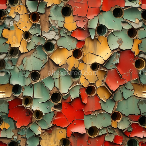 Seamless 3D cracked and holey painted metal PBR texture in red, yellow, and green