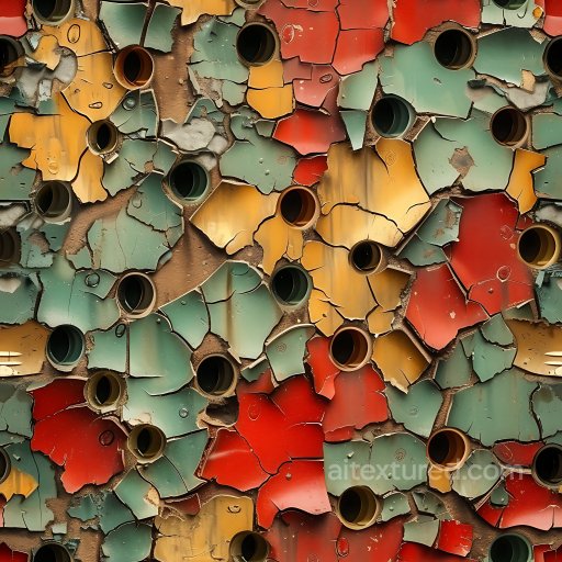cracked and holey painted metal PBR texture in red, yellow, and green seamless Cracked & Holes PBR texture