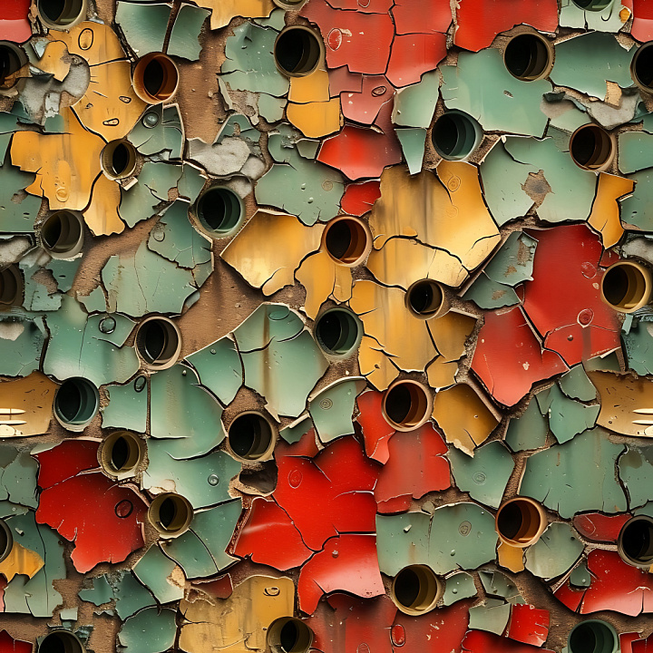 Cracked And Holey Painted Metal In Red, Yellow, And Green seamless PBR texture preview