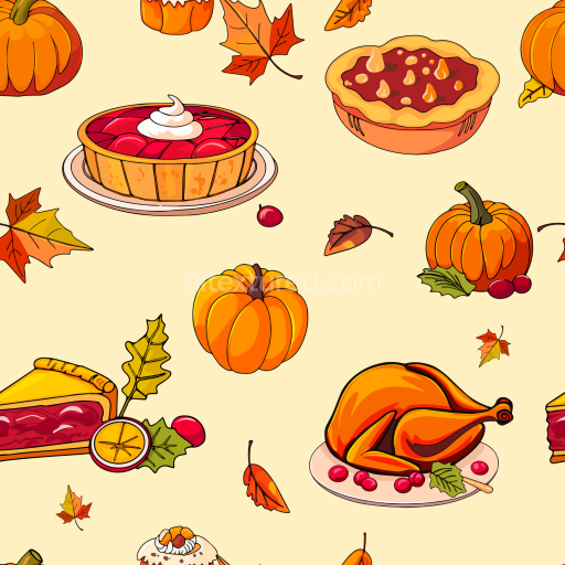 Seamless Thanksgiving 3D PBR Texture Featuring Pies, Turkey, Pumpkins, and Autumn Leaves