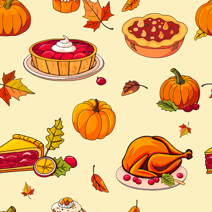Thanksgiving Featuring Pies, Turkey, Pumpkins, and Autumn Leaves seamless PBR texture preview