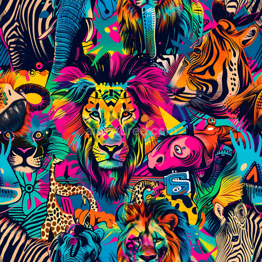 Seamless 3D PBR Graffiti Texture Featuring Vibrant Wild Animal Portraits