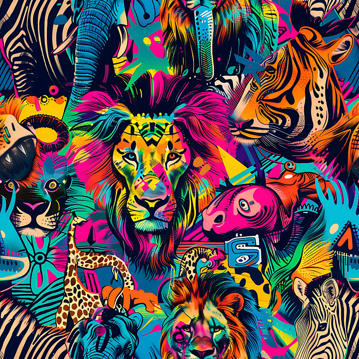 Graffiti Featuring Vibrant Wild Animal Portraits seamless PBR texture preview