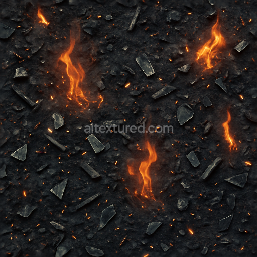 Seamless 8k PBR 3d texture of smoldering debris with shattered glass and metal fragments