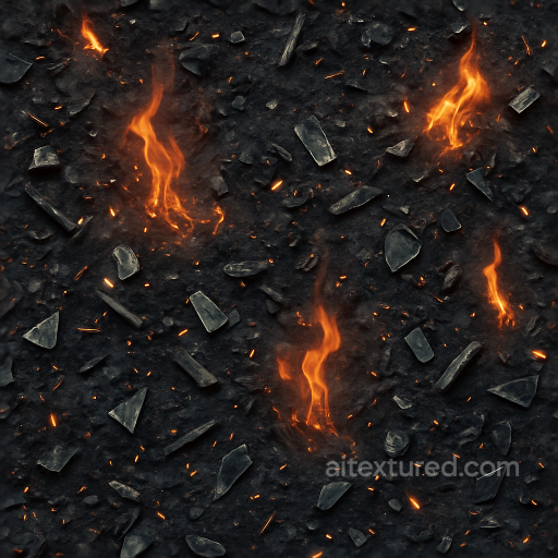 Seamless 8K PBR 3D texture of smoldering debris with shattered glass and metal fragments seamless Explosion PBR texture