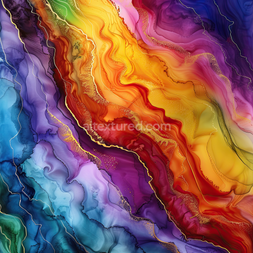 Seamless 3D Alcohol Ink PBR Texture Featuring Vibrant Multicolor Fluid Waves with Gold Veining