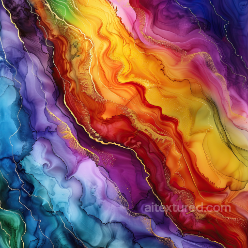 Alcohol Ink PBR Texture Featuring Vibrant Multicolor Fluid Waves with Gold Veining seamless Alcohol ink PBR texture