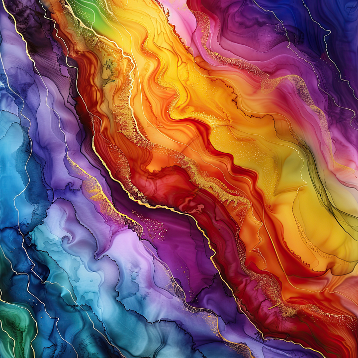 Alcohol Ink Featuring Vibrant Multicolor Fluid Waves with Gold Veining seamless PBR texture preview