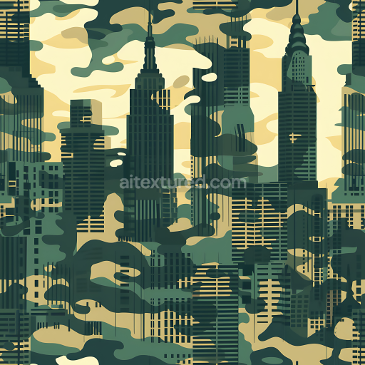 Seamless 3D Urban Camouflage PBR Texture Featuring Cityscape Silhouettes and Layered Camo Blobs