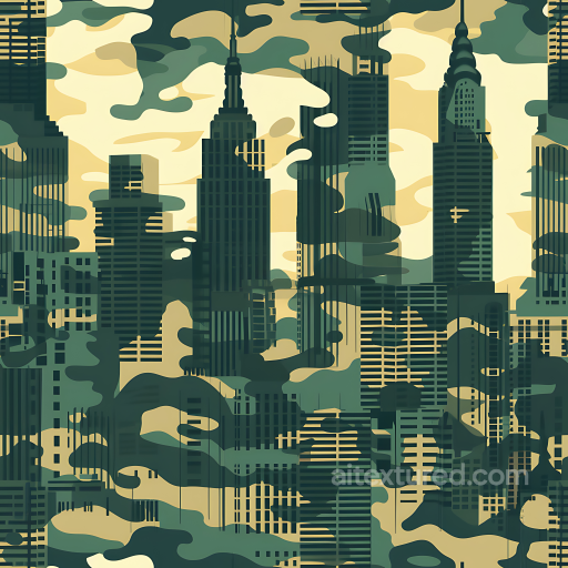 Urban Camouflage PBR Texture Featuring Cityscape Silhouettes and Layered Camo Blobs seamless Color Camouflage PBR texture