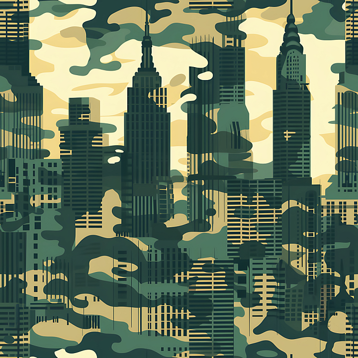 Urban Camouflage Featuring Cityscape Silhouettes and Layered Camo Blobs seamless PBR texture preview