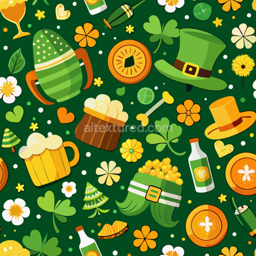 Seamless 3D PBR St Patrick Digital Paper Texture with Festive Icons & Green Background