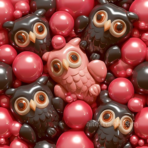 Inflated PBR Texture Featuring Glossy Vinyl Owls and Rounded Bubbles in Red and Brown seamless Inflated PBR texture