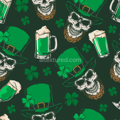 Seamless 3D PBR Texture Featuring St Patrick’s Day Skulls, Green Beer & Shamrocks
