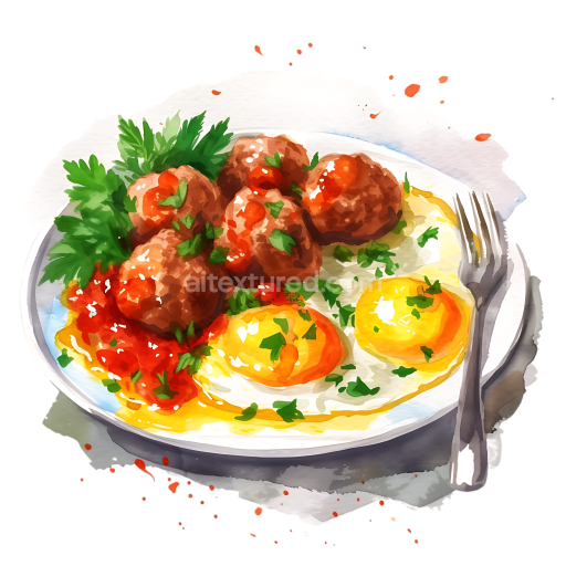 Watercolor Style Breakfast Plate with Meatballs and Scrambled Eggs Graphic
