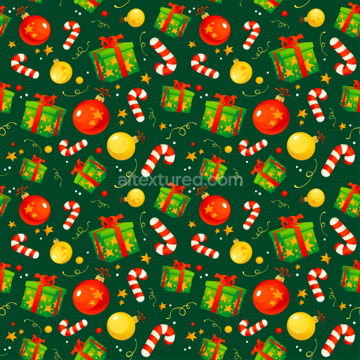 Seamless 3D PBR Christmas pattern texture with gifts, candy canes, stars