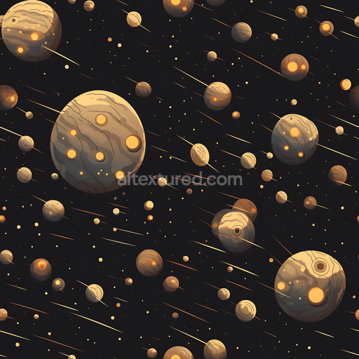 Seamless 3D Space PBR Texture Featuring Stylized Cosmic Planets and Meteor Streaks
