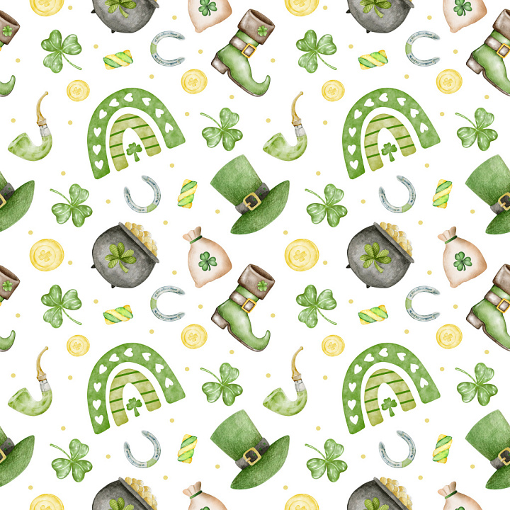 Pattern with St Patrick's Day Watercolor Motifs seamless PBR texture preview