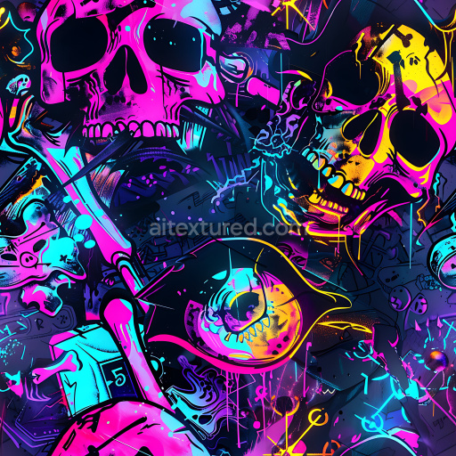 Seamless 3D PBR texture of neon graffiti skulls with bright colors