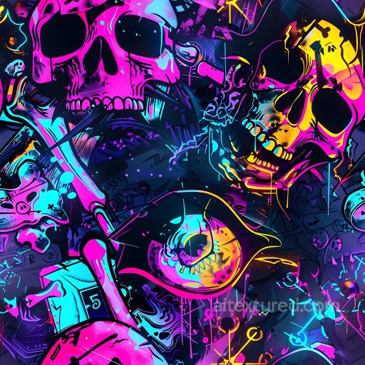 Seamless 3D PBR texture of neon graffiti skulls with bright colors texture preview