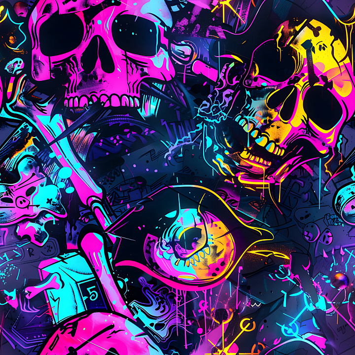 Of Neon Graffiti Skulls With Bright Colors seamless PBR texture preview