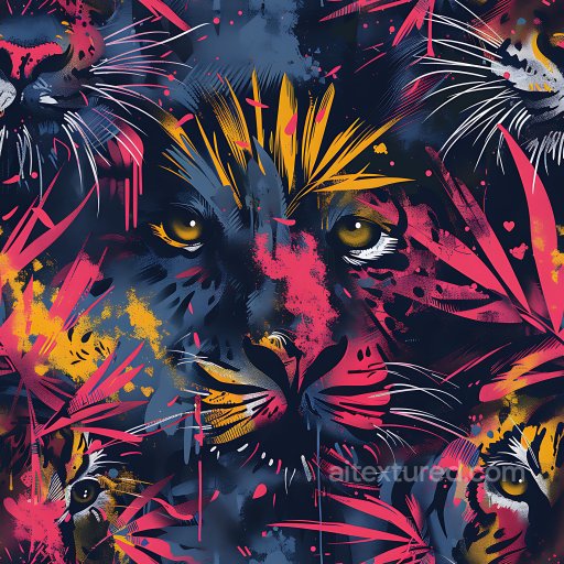 Seamless 3D PBR Graffiti Texture Featuring Stylized Panther Faces in Vivid Colors texture preview