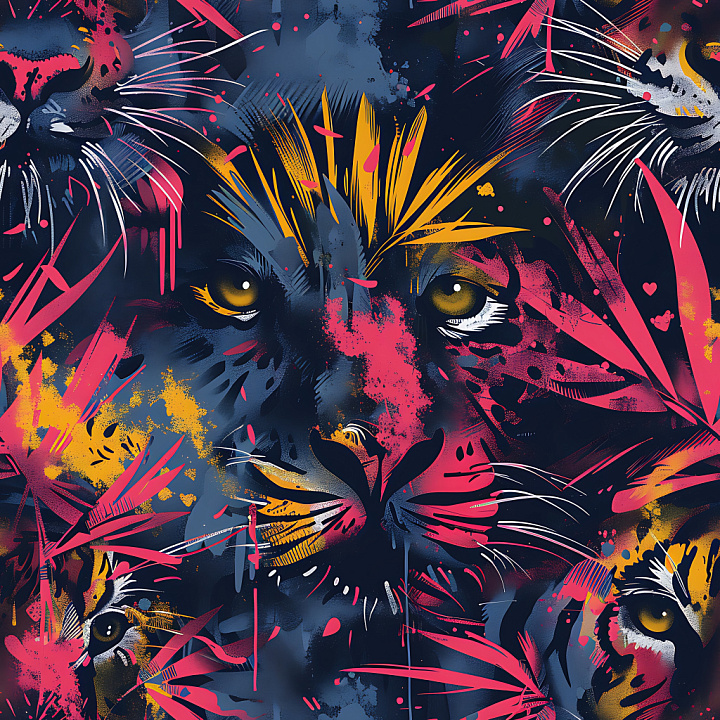 Graffiti Featuring Stylized Panther Faces in Vivid Colors seamless PBR texture preview