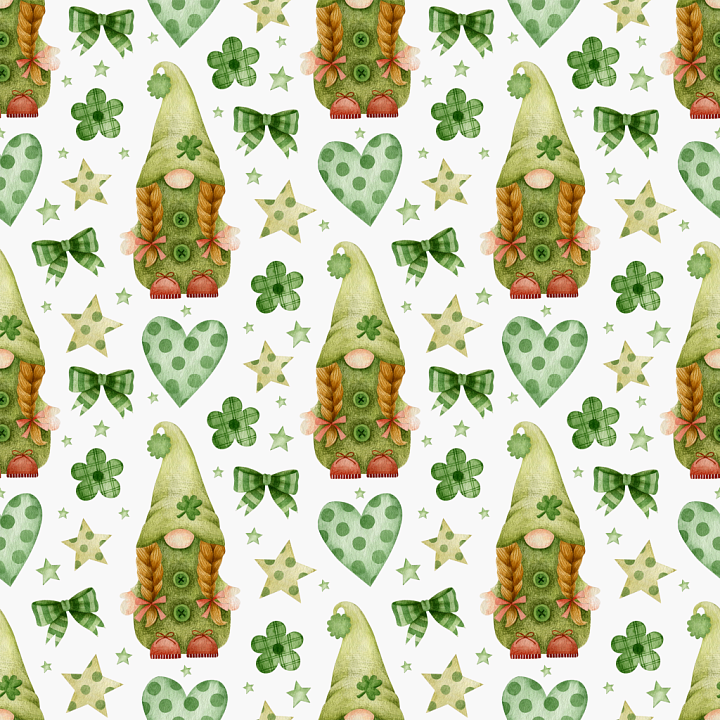 St Patrick Gnome-themed Fabric with Patterned Hearts and Clovers seamless PBR texture preview