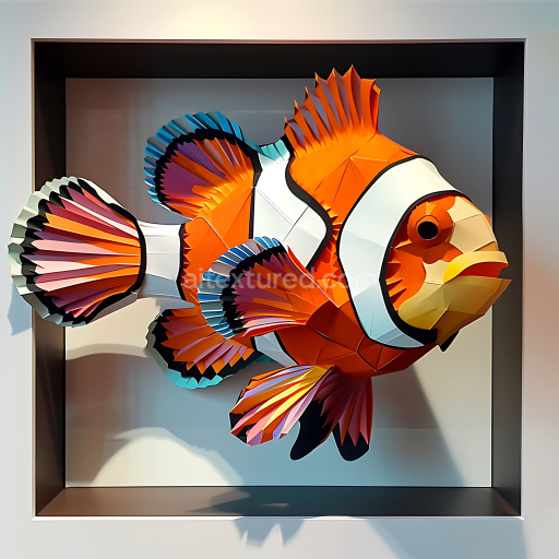 Seamless 3D PBR Texture Featuring Origami-Style Clown Fish Pattern with Bold Orange, White & Black Accents
