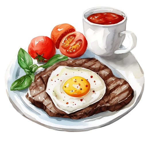 Watercolor Breakfast Plate with Beef Steak, Sunny-Side Egg, Tomatoes, and Sauce Cup