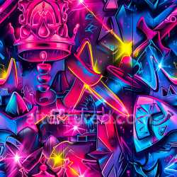 seamless Seamless 3D PBR Texture of Vibrant Neon Graffiti Featuring Crowns and Abstract Shapes texture 8k free download PBR