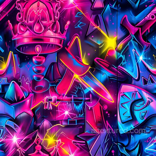 Seamless 3D PBR Texture of Vibrant Neon Graffiti Featuring Crowns and Abstract Shapes texture preview