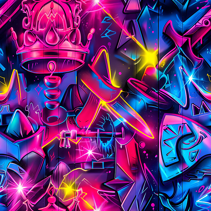 Vibrant Neon Graffiti Featuring Crowns and Abstract Shapes seamless PBR texture preview